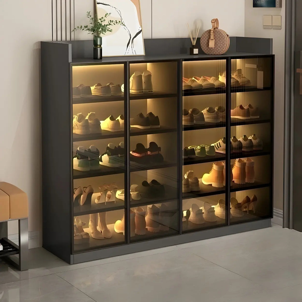 Adjustable Shelves Glass Entryway White LED Shoe Cabinet Image - 20