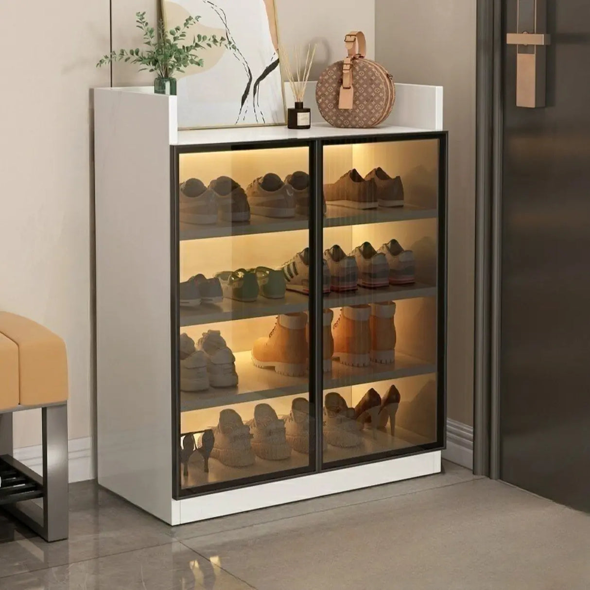 Adjustable Shelves Glass Entryway White LED Shoe Cabinet Image - 2