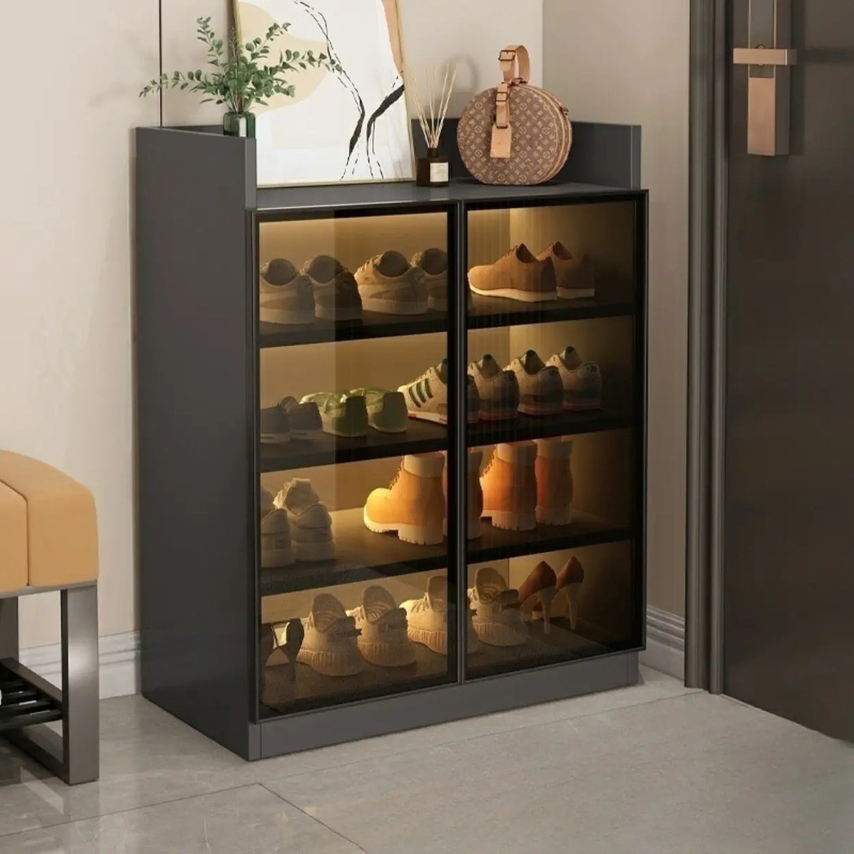 Adjustable Shelves Glass Entryway White LED Shoe Cabinet Image - 3