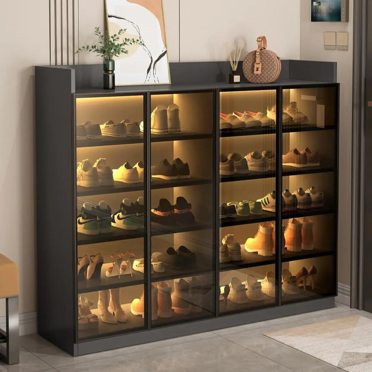 Adjustable Shelves Glass Entryway White LED Shoe Cabinet Image - 4