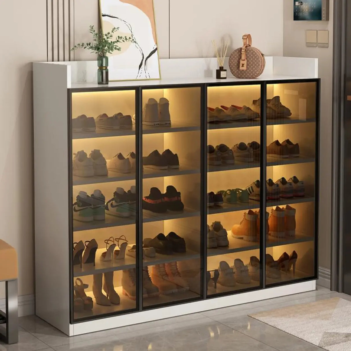 Adjustable Shelves Glass Entryway White LED Shoe Cabinet Image - 5