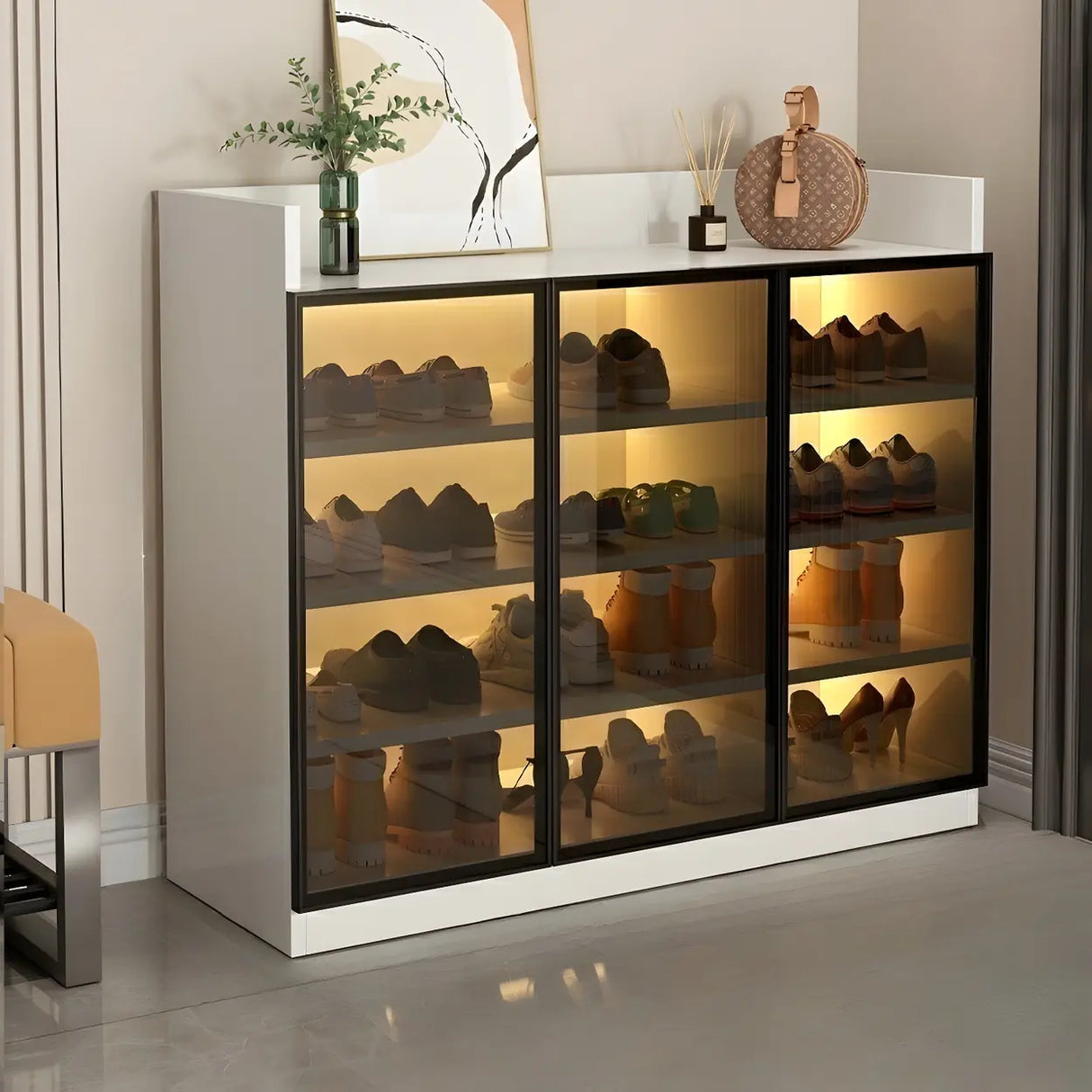 Adjustable Shelves Glass Entryway White LED Shoe Cabinet Image - 6