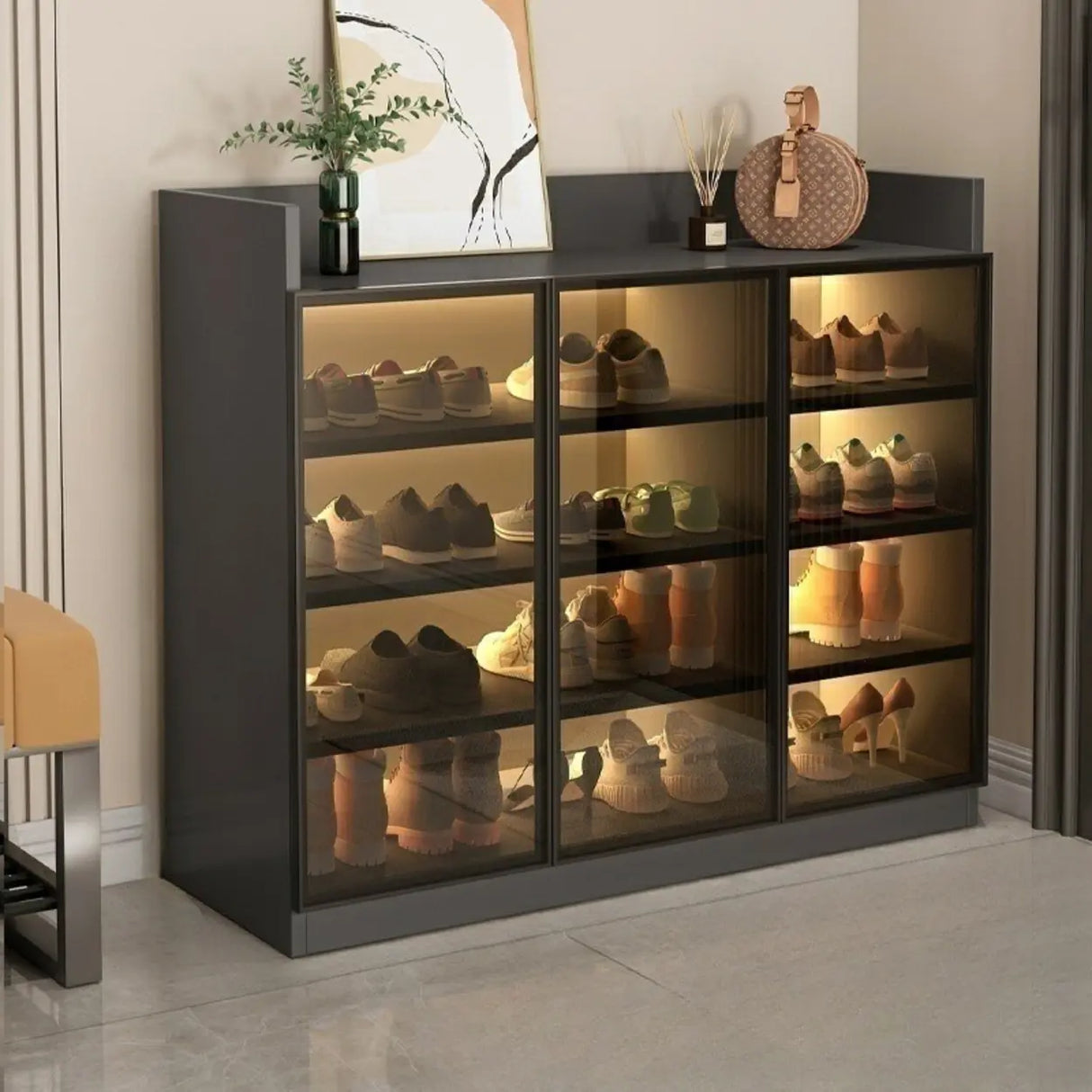 Adjustable Shelves Glass Entryway White LED Shoe Cabinet Image - 7