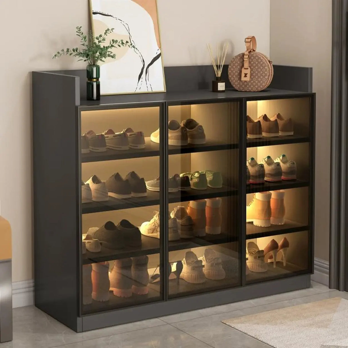 Adjustable Shelves Glass Entryway White LED Shoe Cabinet Image - 8