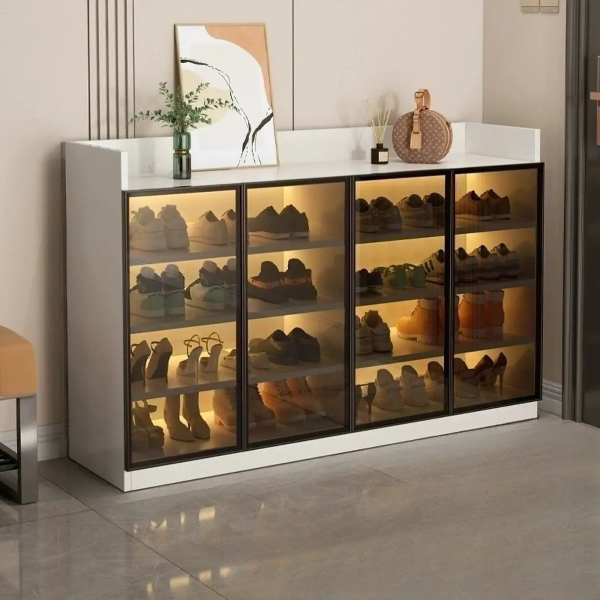 Adjustable Shelves Glass Entryway White LED Shoe Cabinet Image - 9