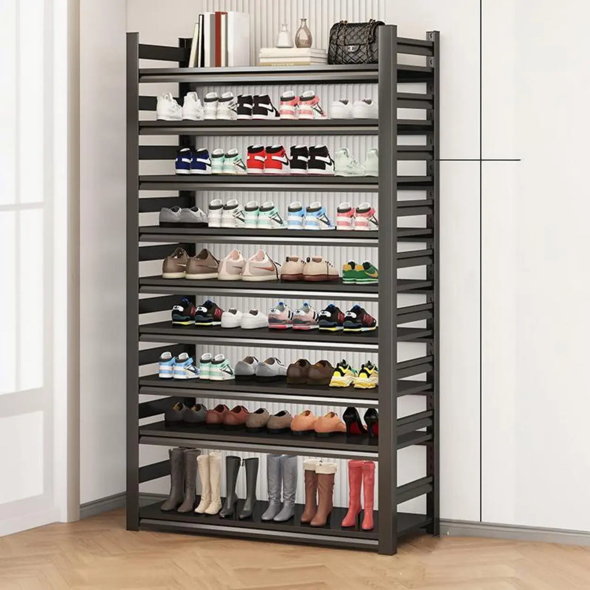 Adjustable Shelves Metal Hallway Black Shoe Rack Storage Image - 11