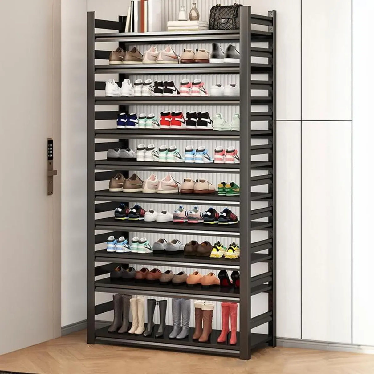 Adjustable Shelves Metal Hallway Black Shoe Rack Storage Image - 13