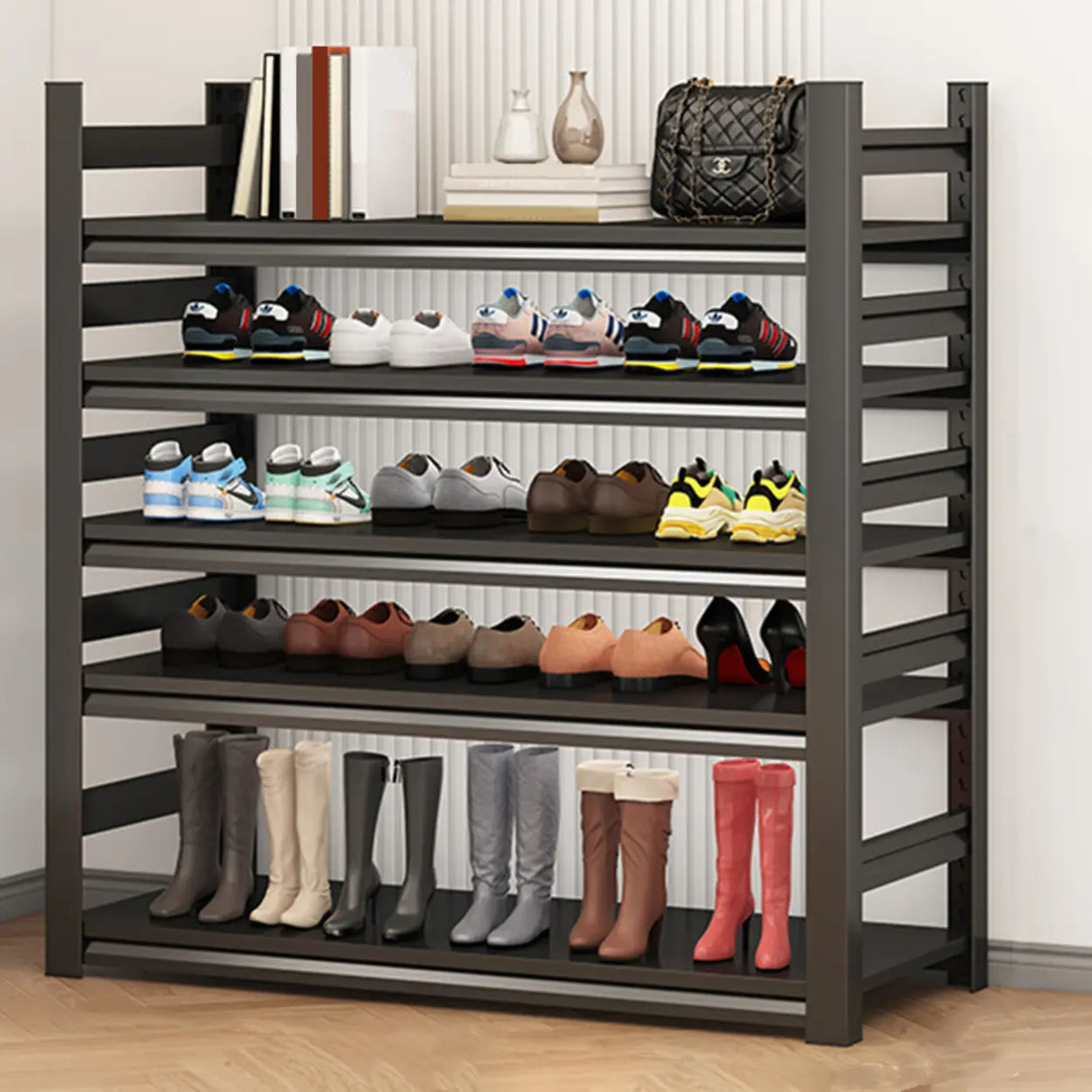 Adjustable Shelves Metal Hallway Black Shoe Rack Storage Image - 3
