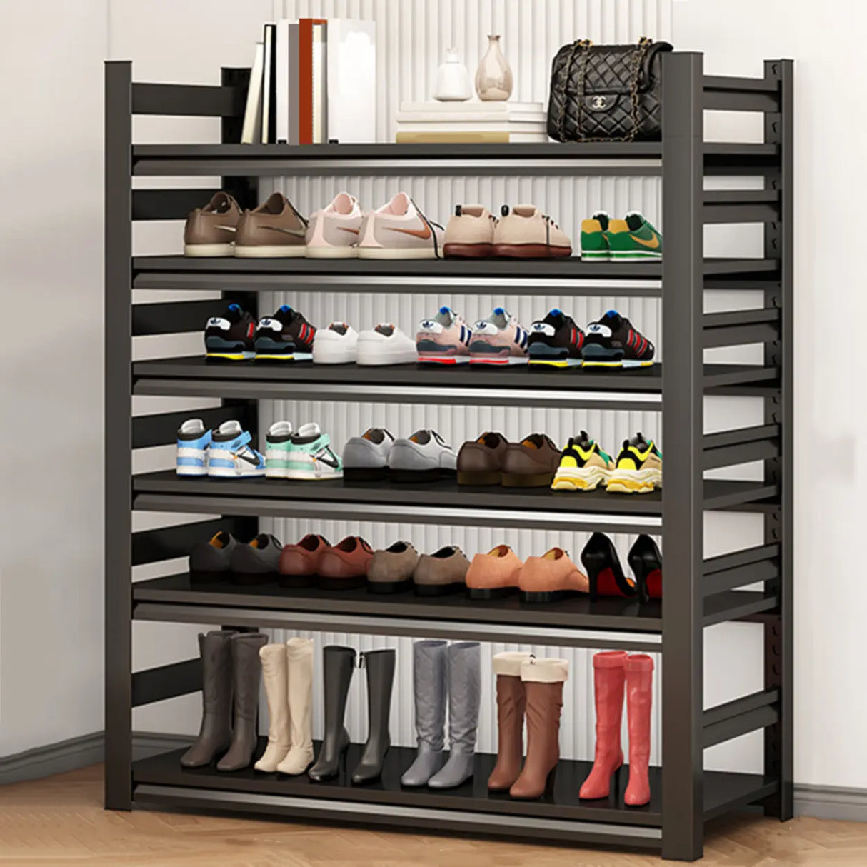 Adjustable Shelves Metal Hallway Black Shoe Rack Storage Image - 5