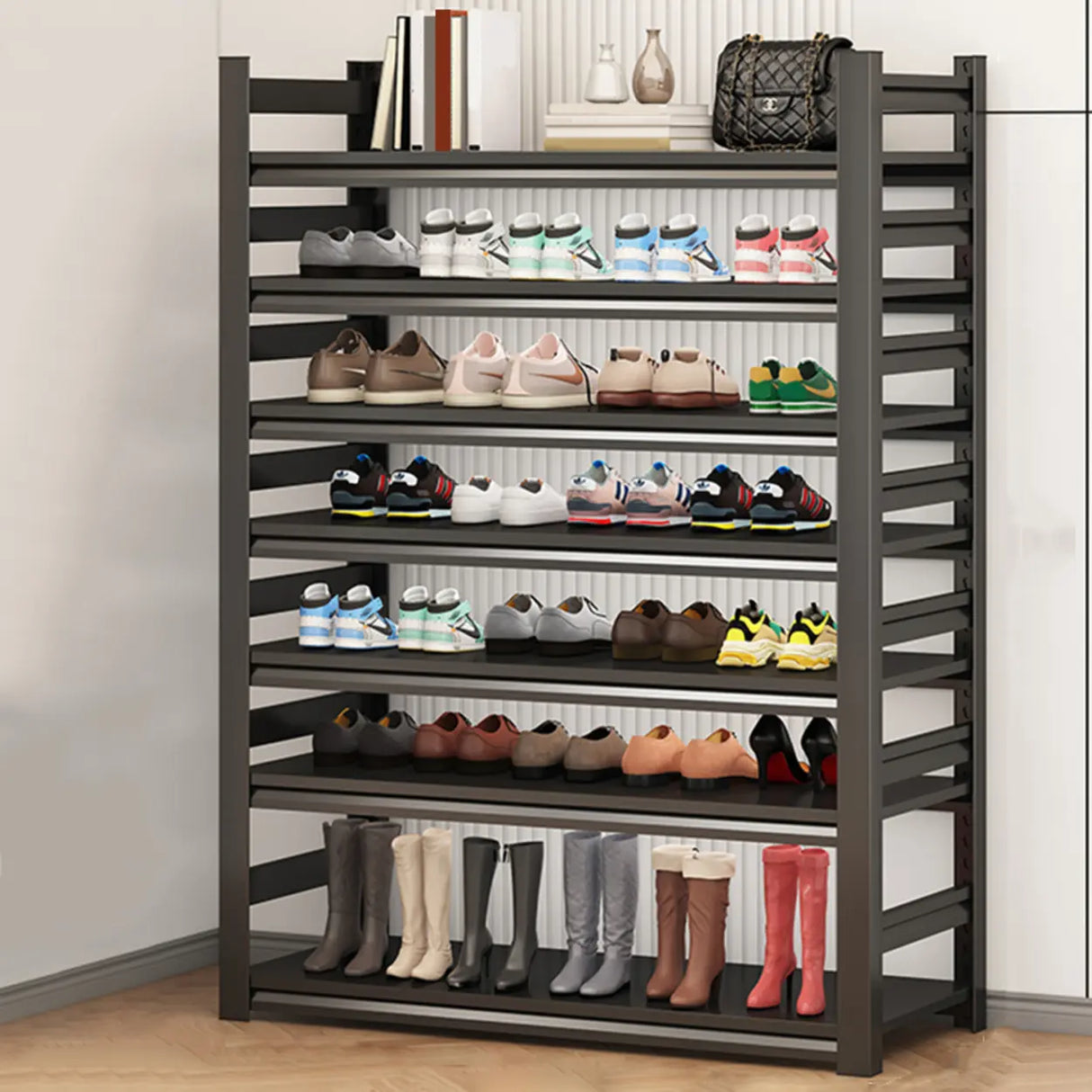 Adjustable Shelves Metal Hallway Black Shoe Rack Storage Image - 7