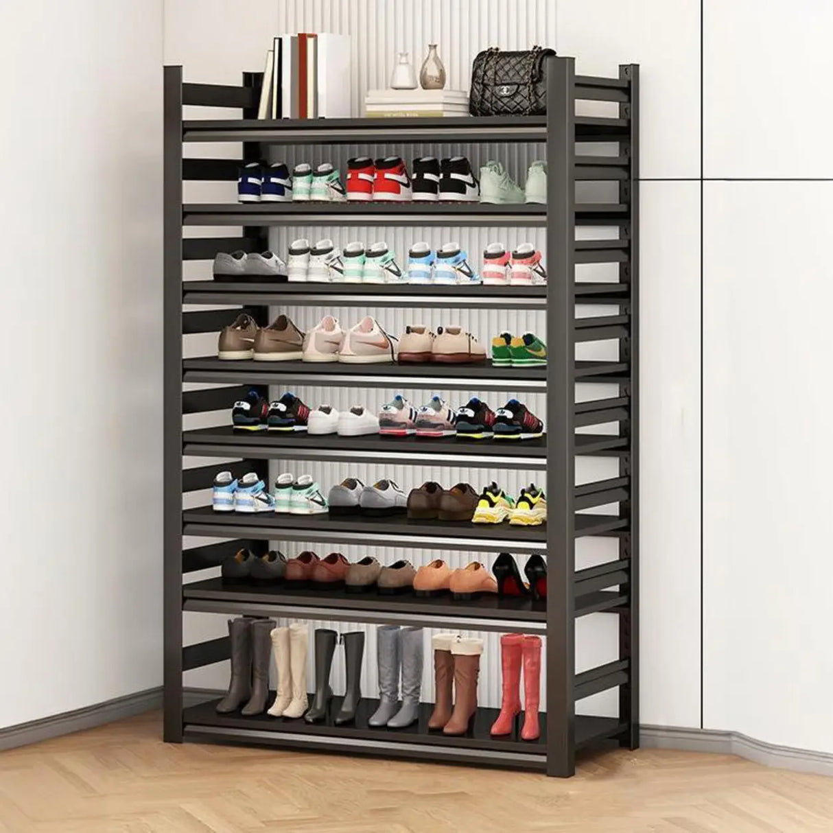Adjustable Shelves Metal Hallway Black Shoe Rack Storage Image - 9