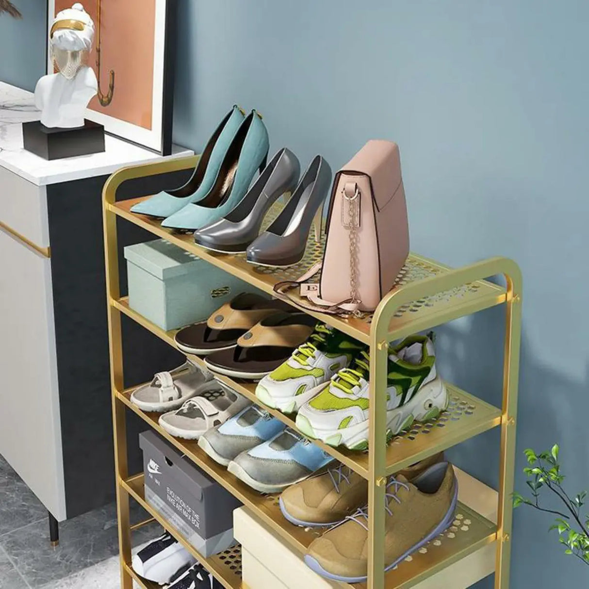 Adjustable Shelves Metal Hallway Gold Multi-tier Shoe Rack Image - 12