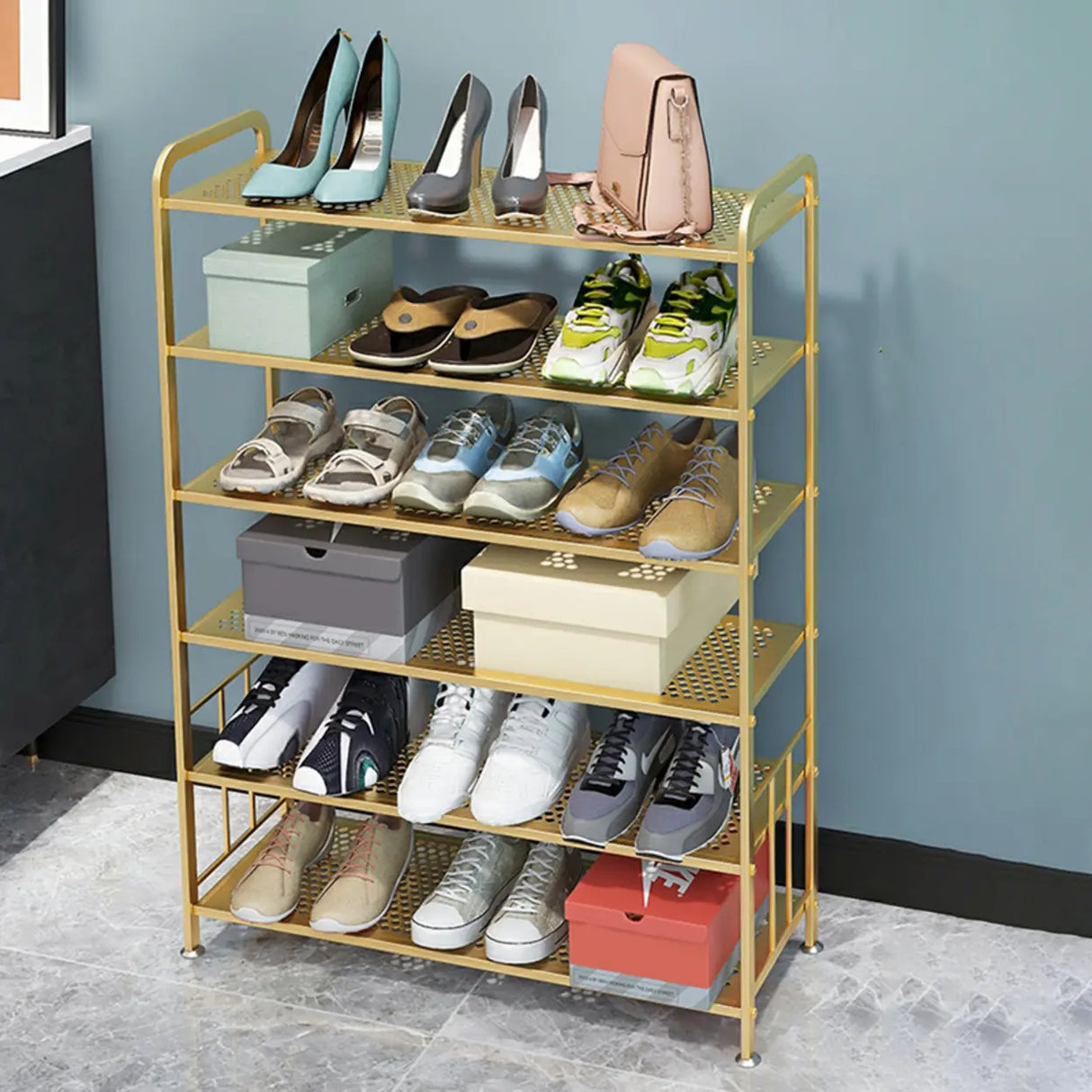 Adjustable Shelves Metal Hallway Gold Multi-tier Shoe Rack Image - 4