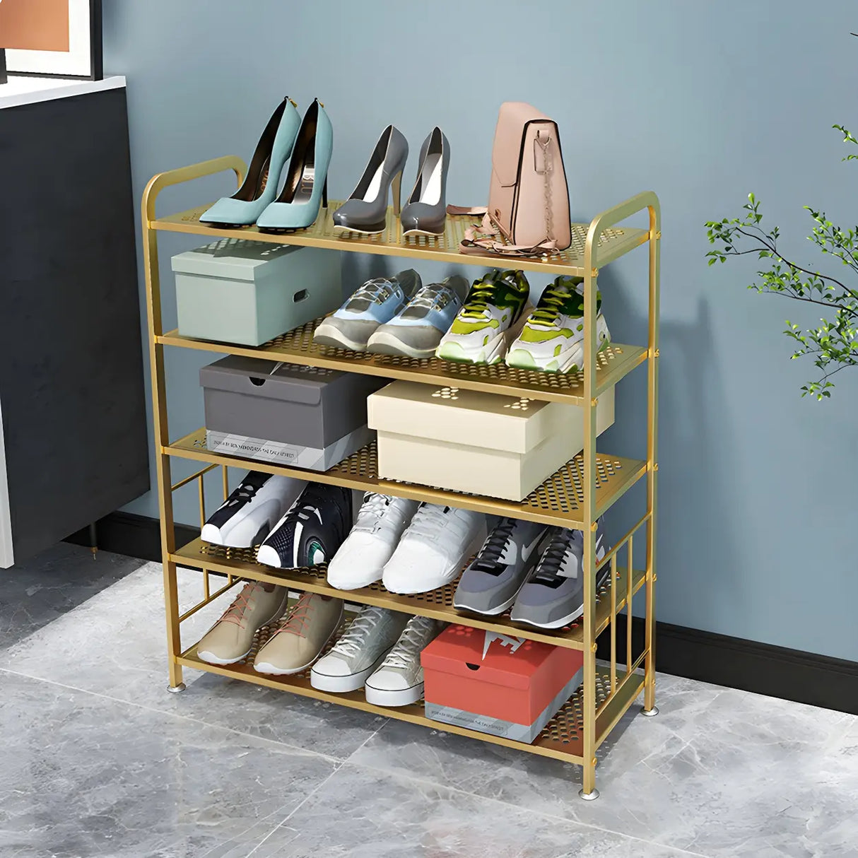 Adjustable Shelves Metal Hallway Gold Multi-tier Shoe Rack Image - 6