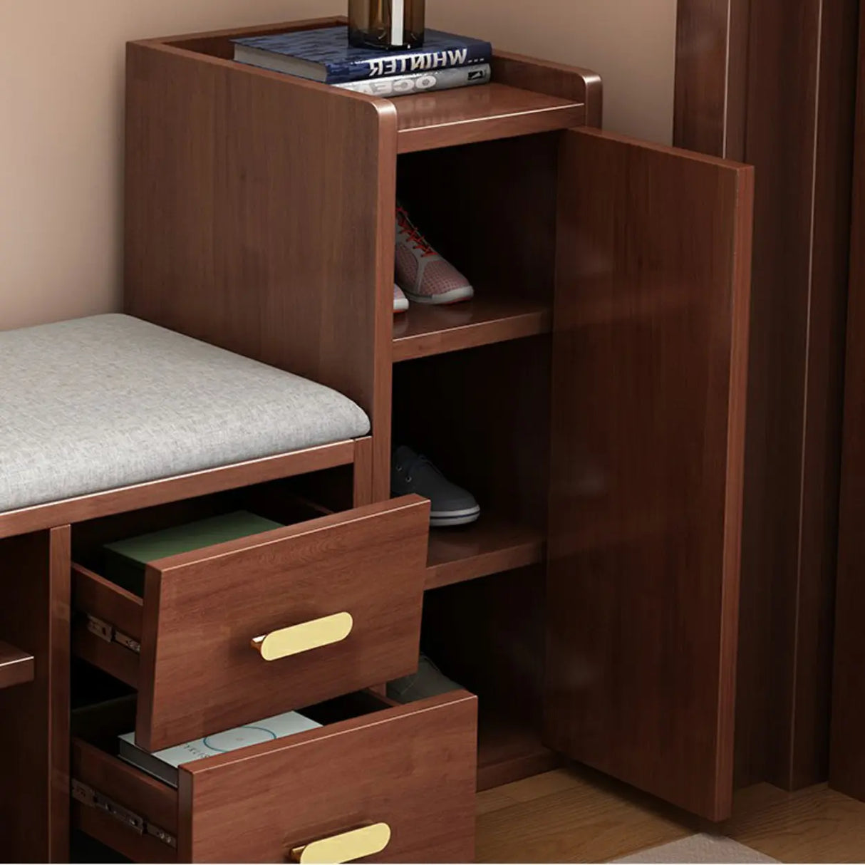 Adjustable Shelves Wood Entryway Brown Shoe Storage Bench Image - 11