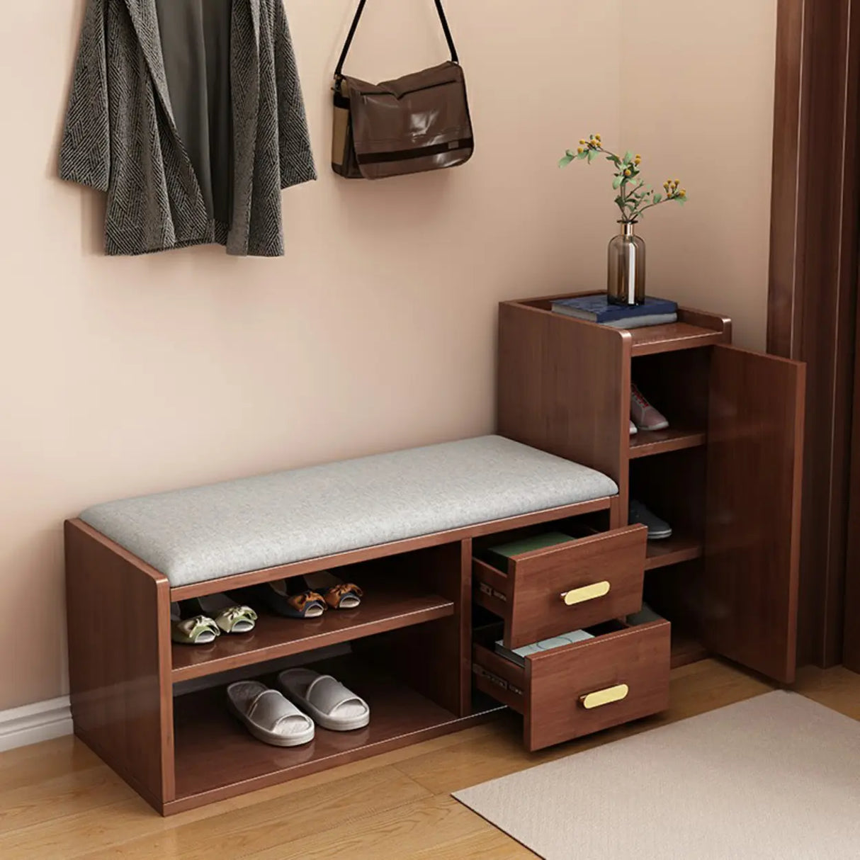 Adjustable Shelves Wood Entryway Brown Shoe Storage Bench Image - 1