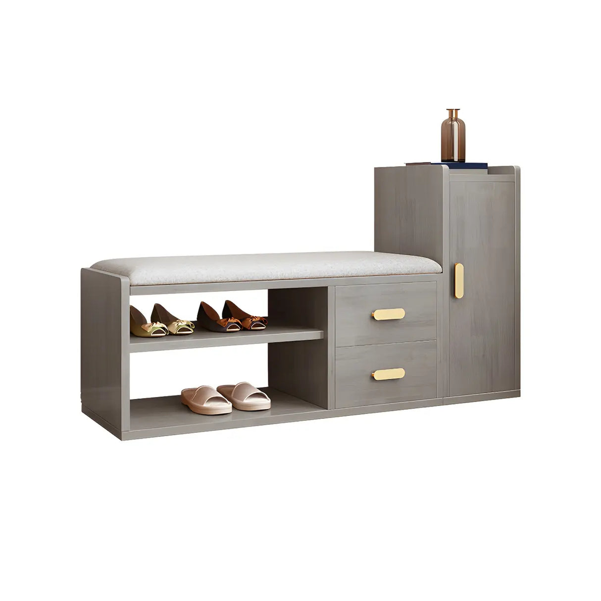 Adjustable Shelves Wood Entryway Brown Shoe Storage Bench Image - 2