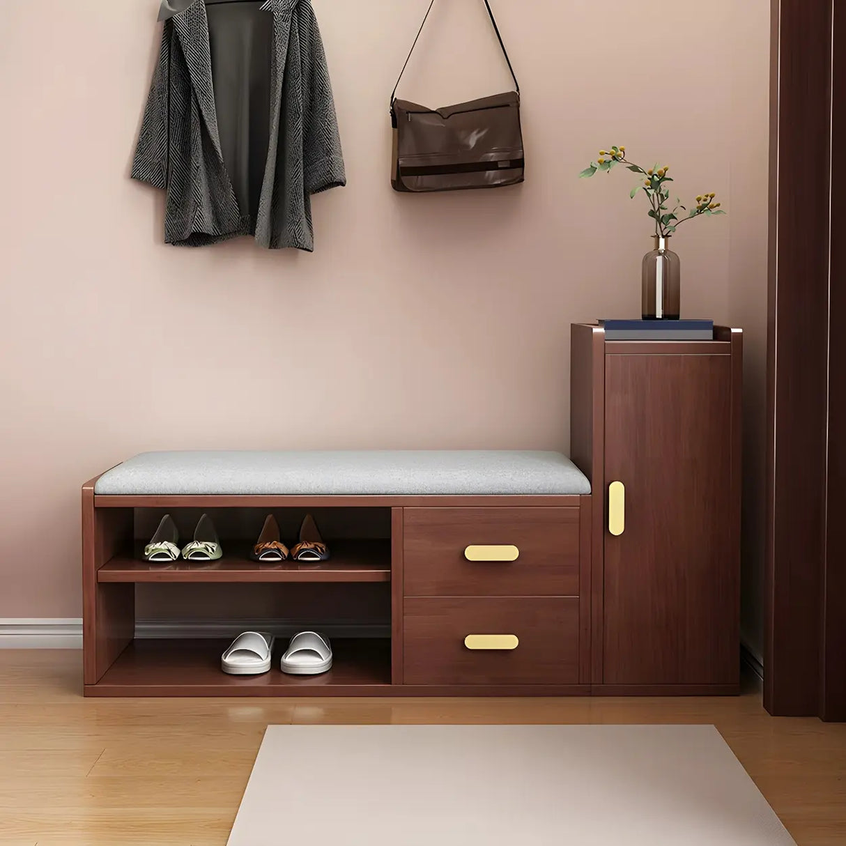 Adjustable Shelves Wood Entryway Brown Shoe Storage Bench Image - 3