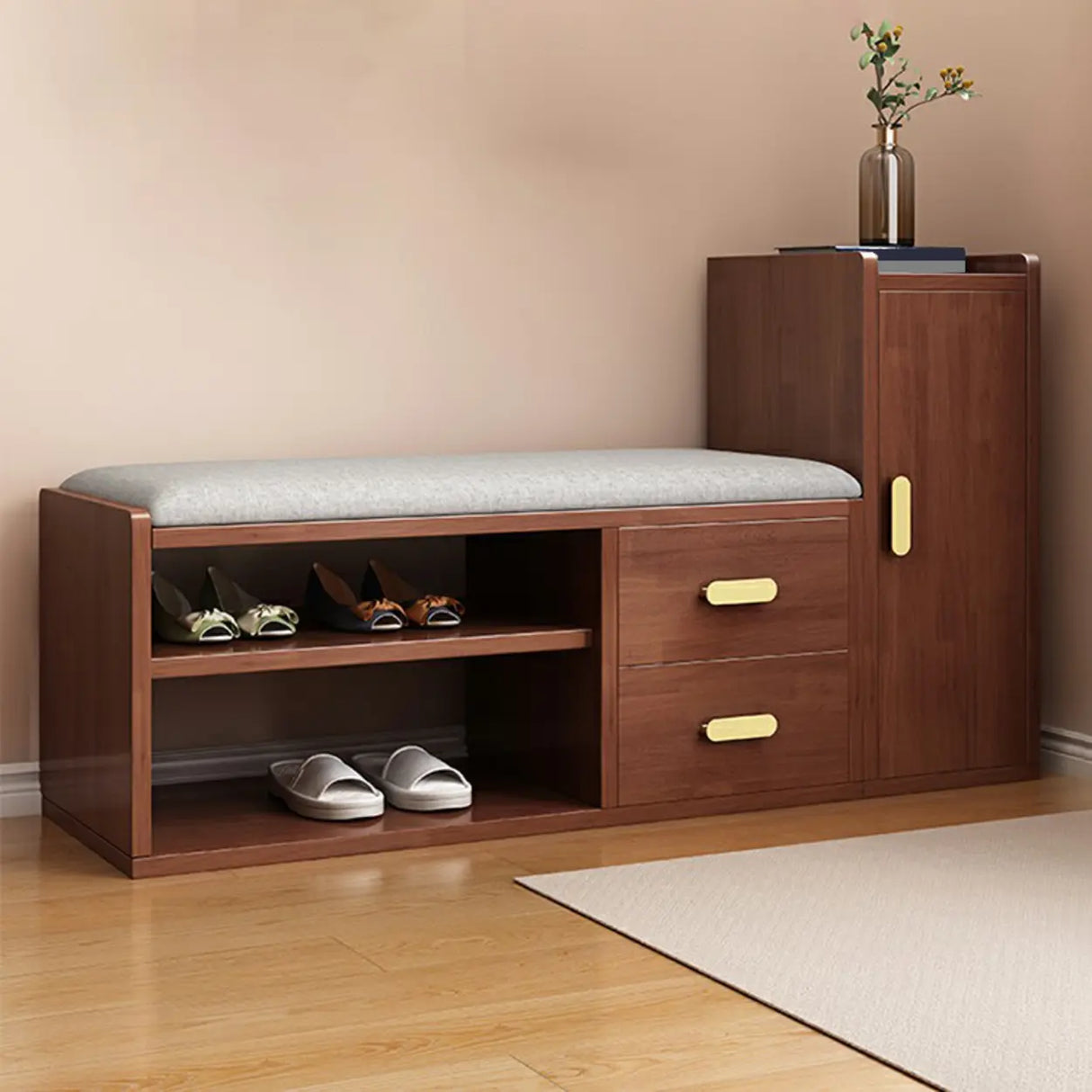 Adjustable Shelves Wood Entryway Brown Shoe Storage Bench Image - 4