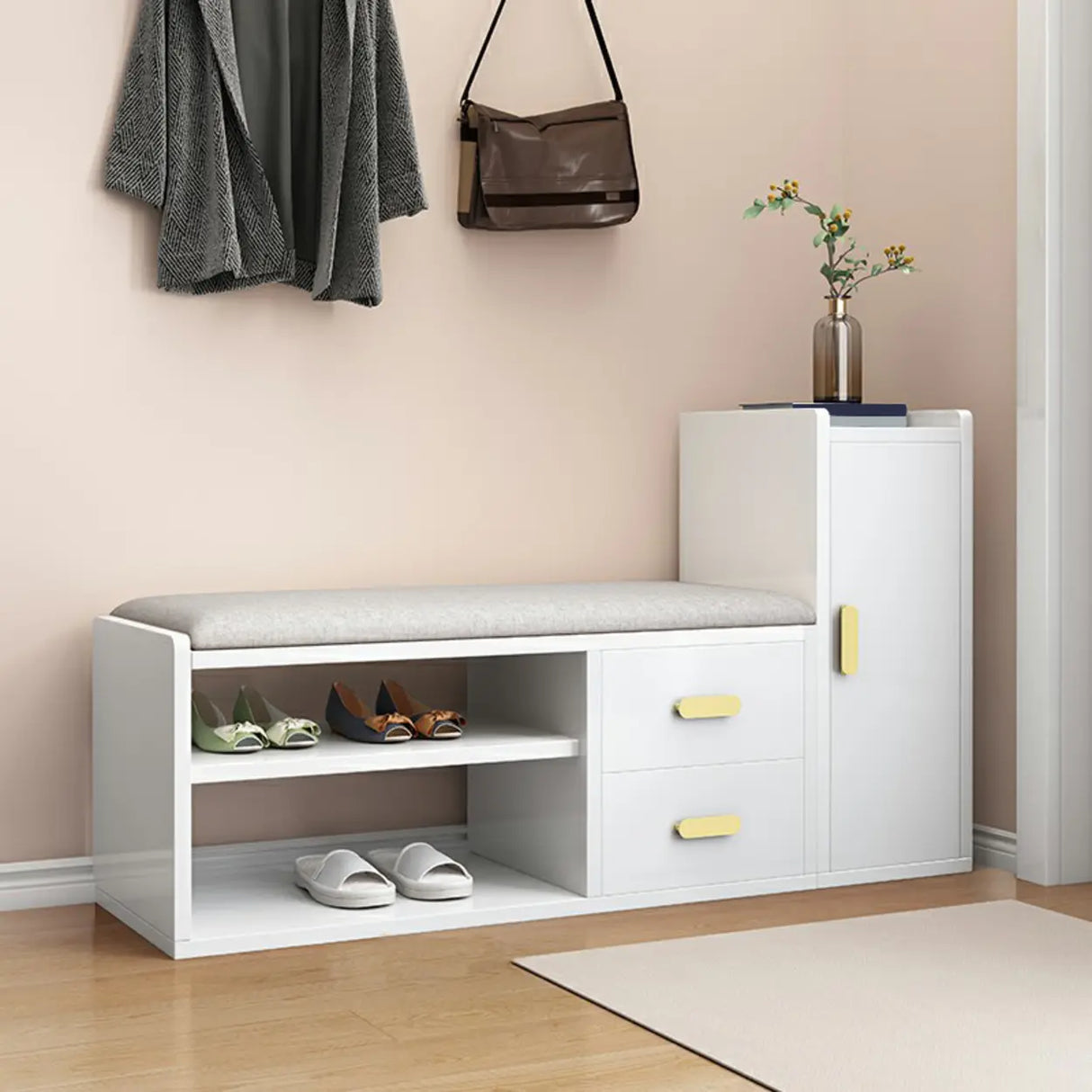 Adjustable Shelves Wood Entryway Brown Shoe Storage Bench Image - 6