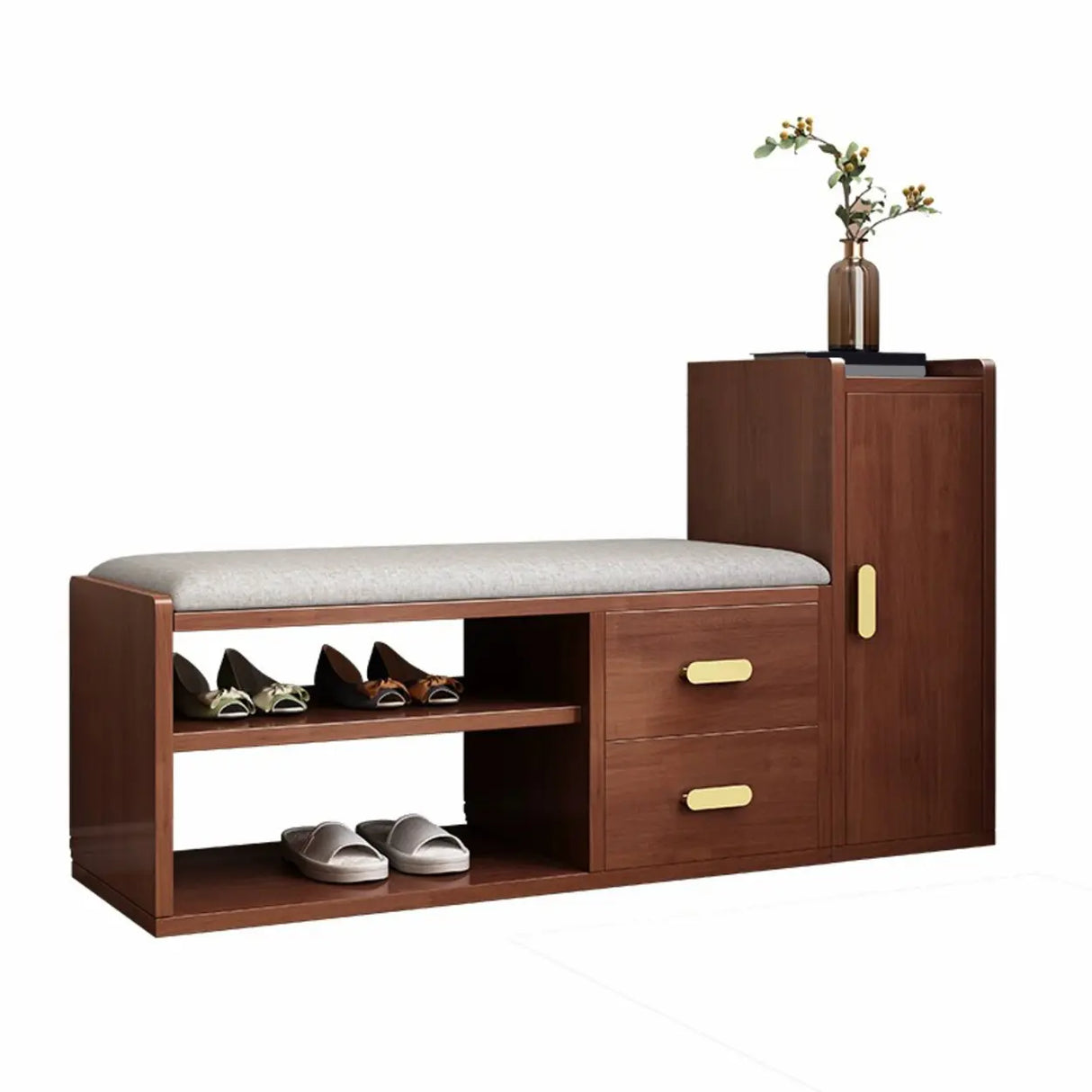 Adjustable Shelves Wood Entryway Brown Shoe Storage Bench Image - 7