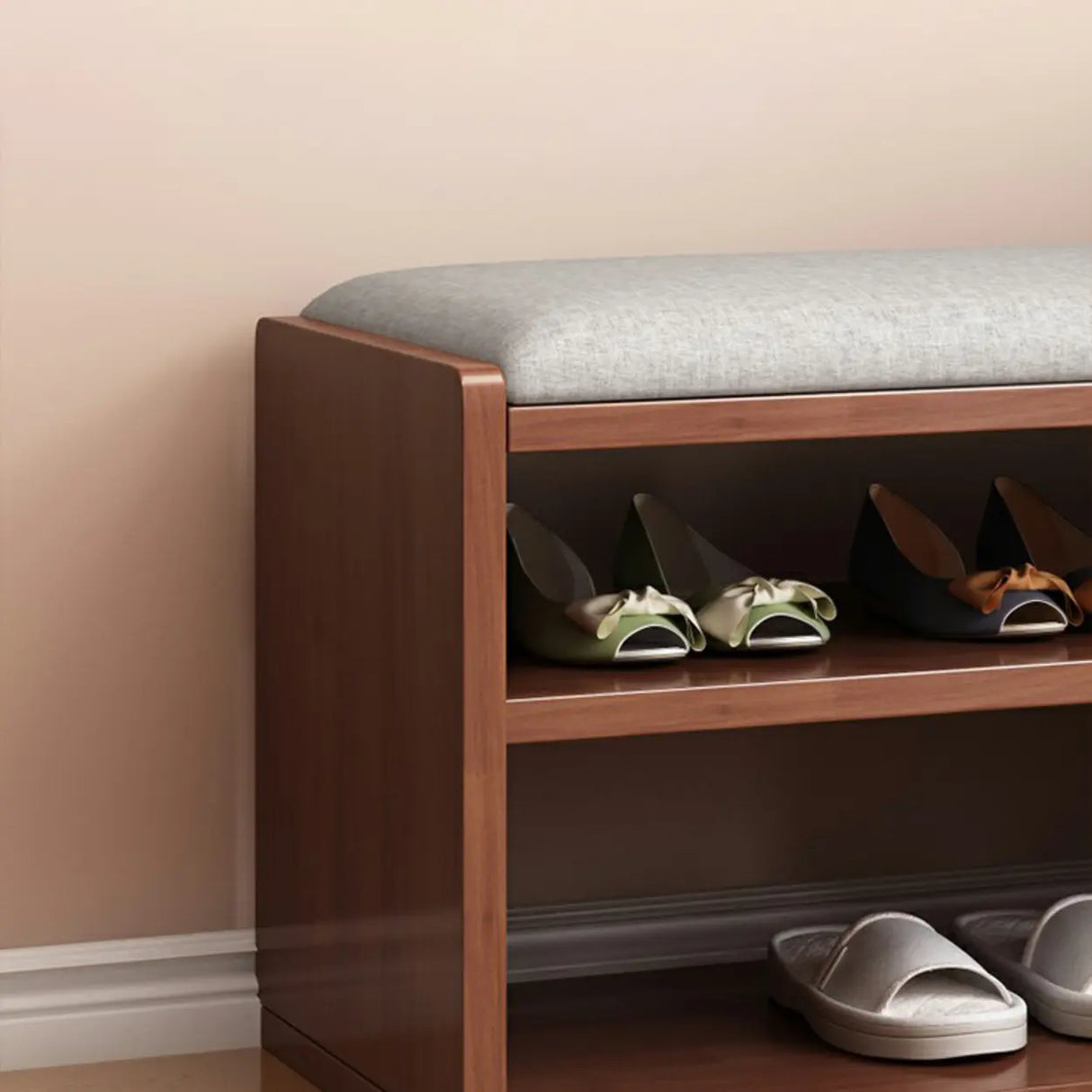 Adjustable Shelves Wood Entryway Brown Shoe Storage Bench Image - 9