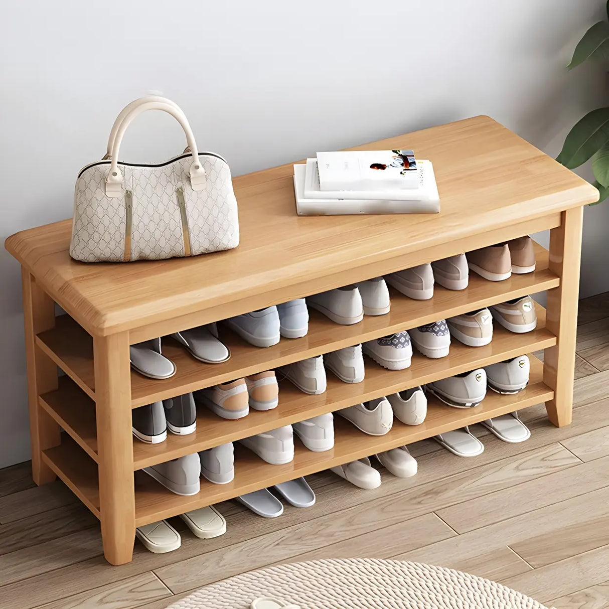 Adjustable Shelves Wood Hallway Natural Large Shoe Rack Image - 13