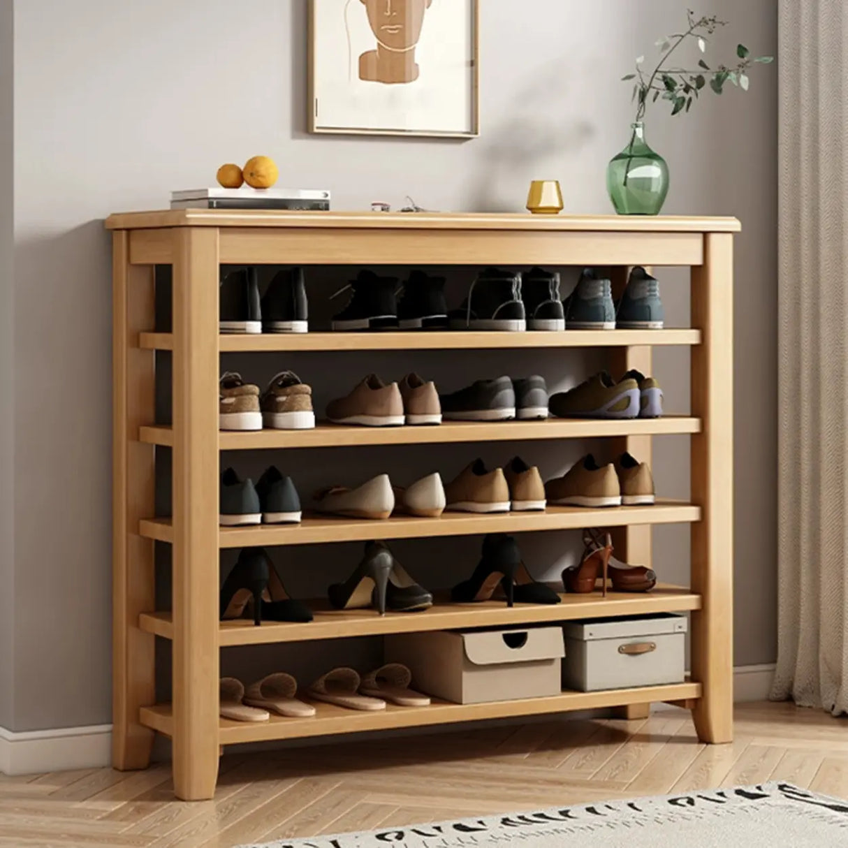Adjustable Shelves Wood Hallway Natural Large Shoe Rack Image - 1