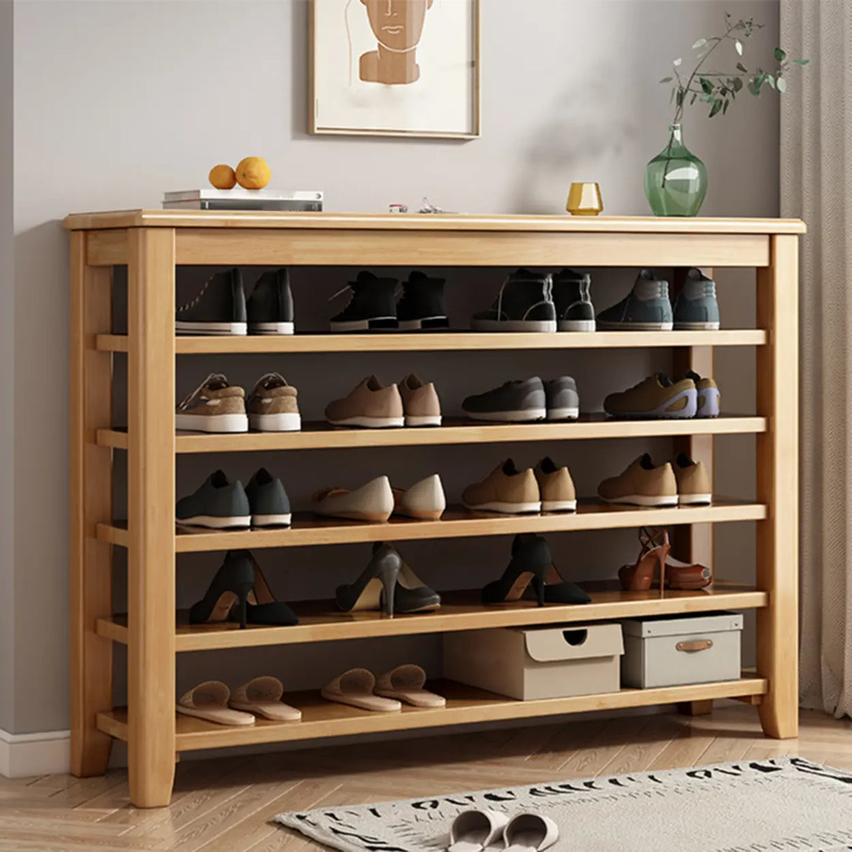 Adjustable Shelves Wood Hallway Natural Large Shoe Rack Image - 7