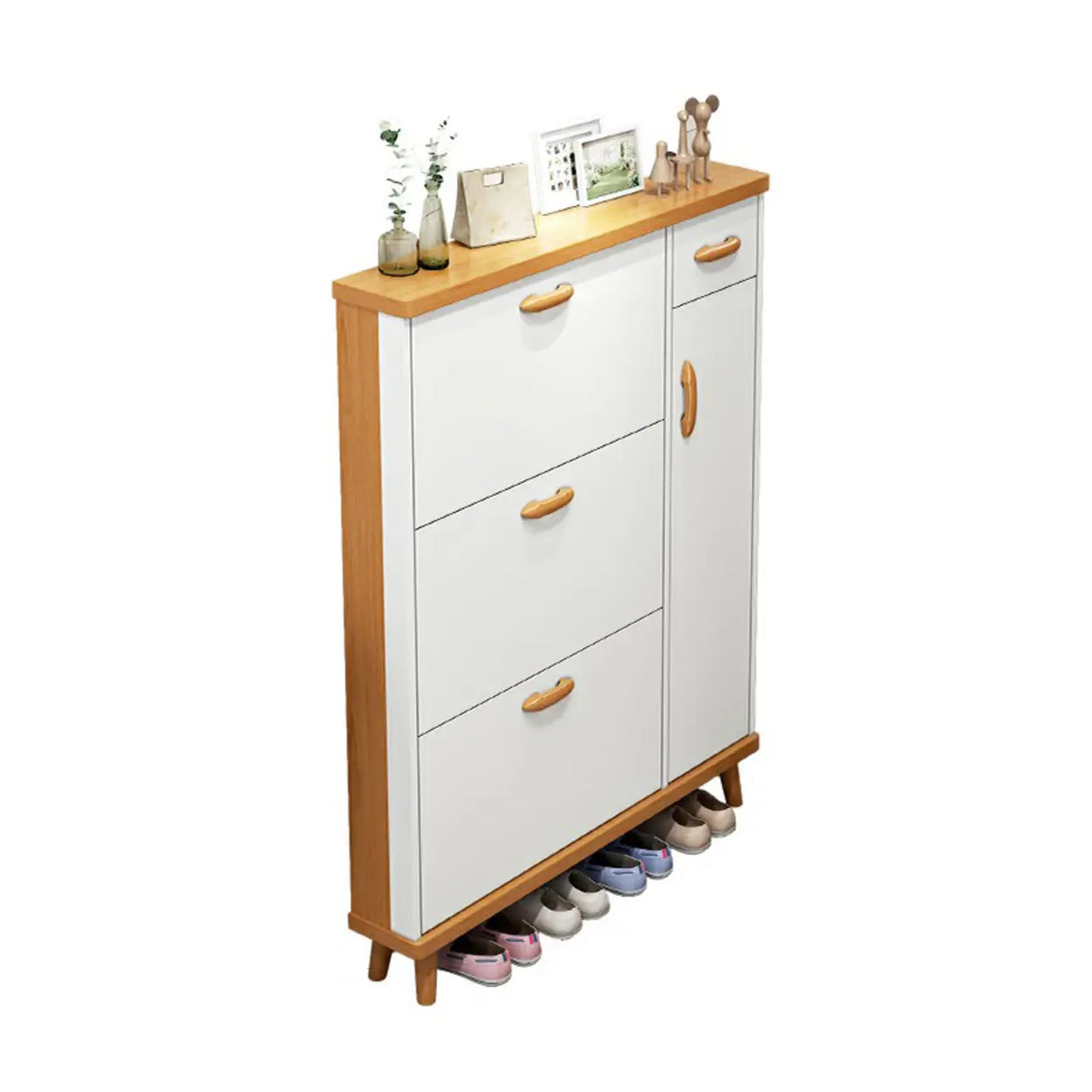 Adjustable Shelves Wood White Drop Front Shoe Storage Image - 10