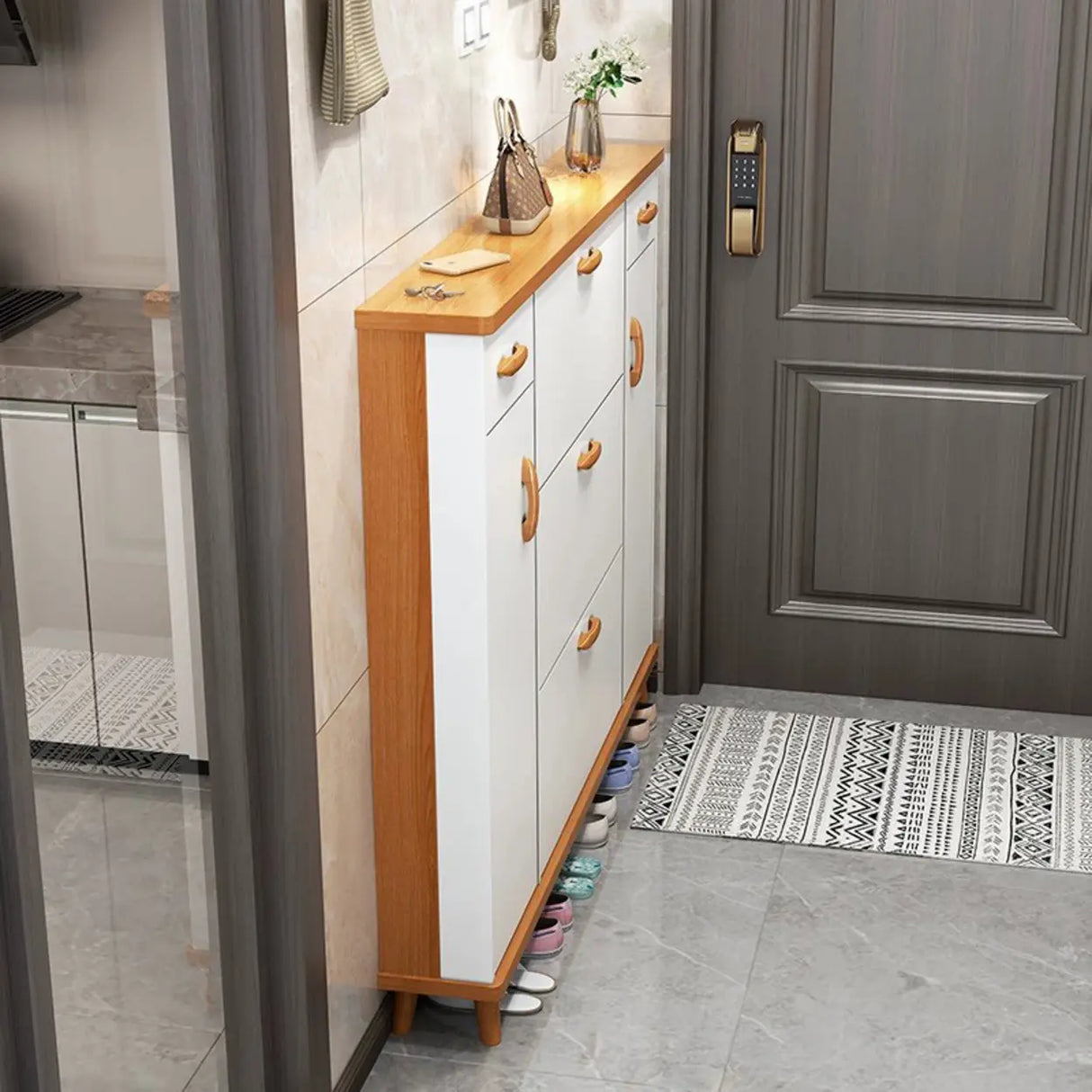 Adjustable Shelves Wood White Drop Front Shoe Storage Image - 17