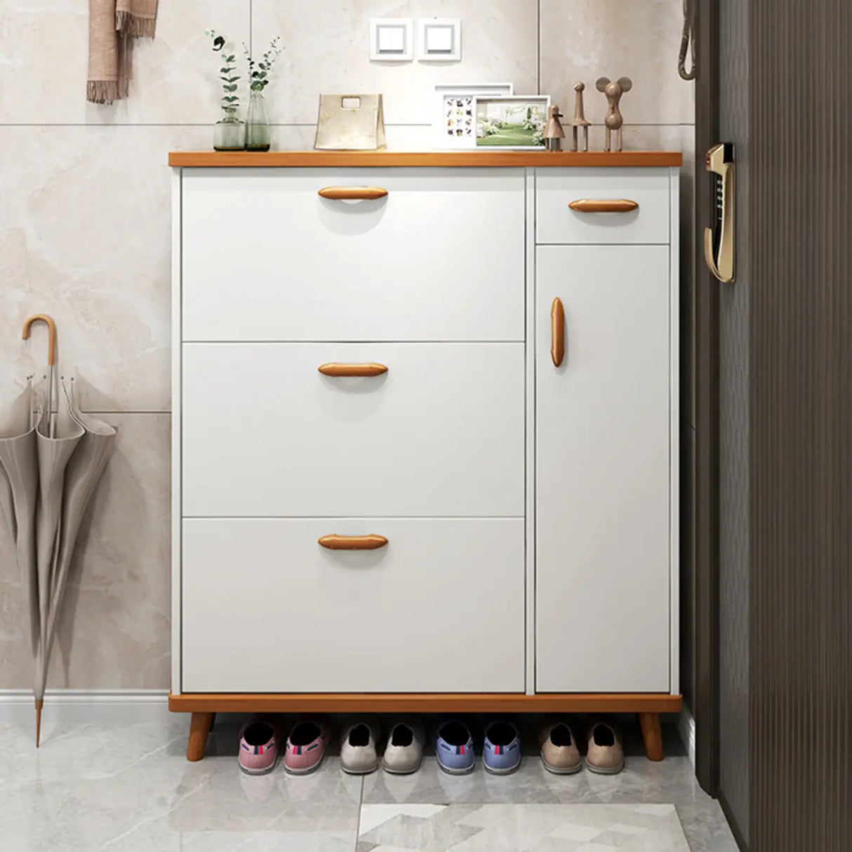 Adjustable Shelves Wood White Drop Front Shoe Storage Image - 19