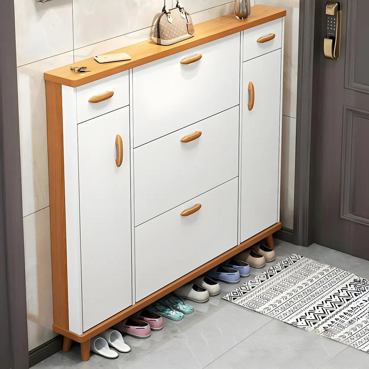 Adjustable Shelves Wood White Drop Front Shoe Storage Image - 1