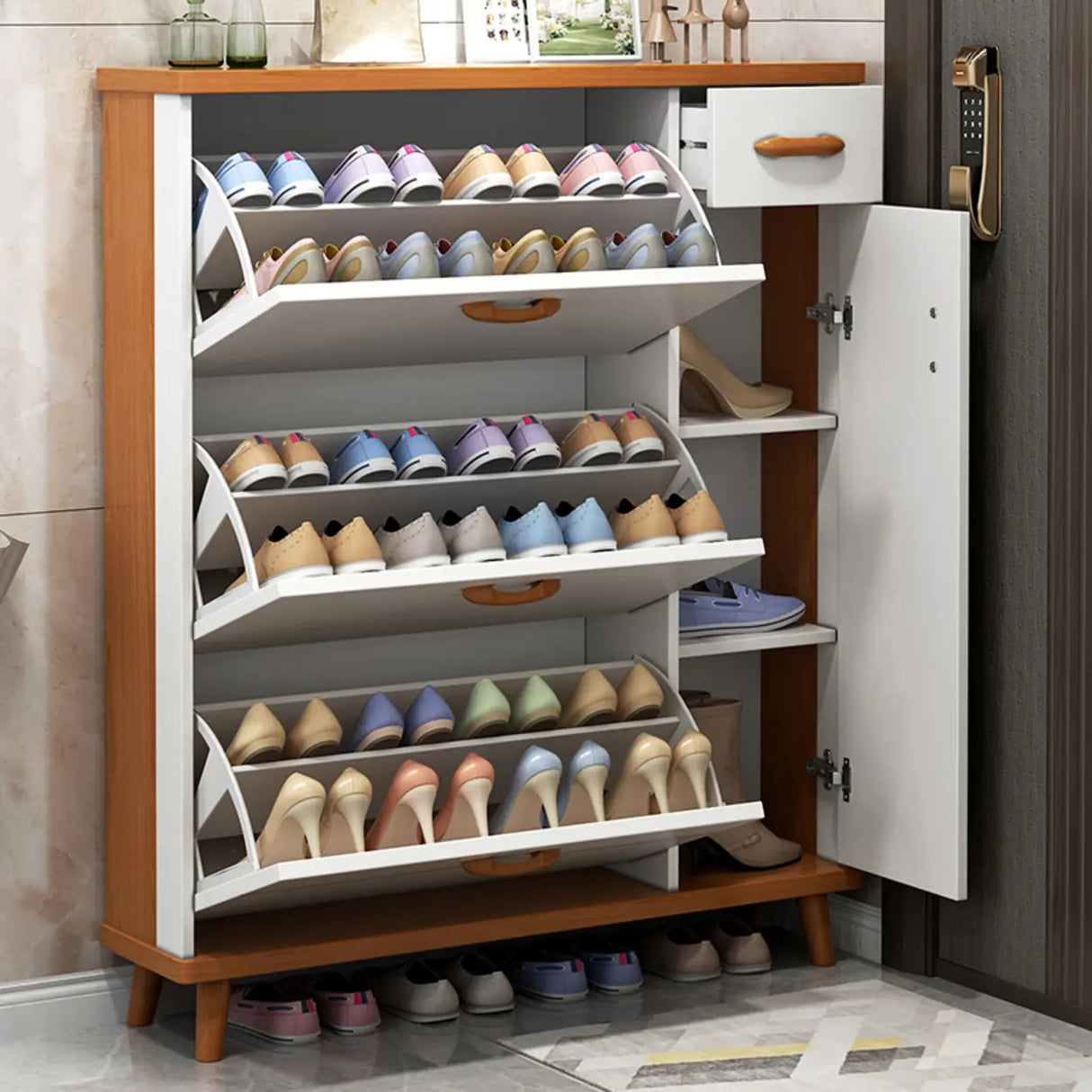 Adjustable Shelves Wood White Drop Front Shoe Storage Image - 20