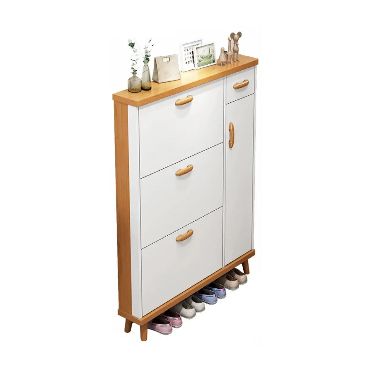 Adjustable Shelves Wood White Drop Front Shoe Storage Image - 5