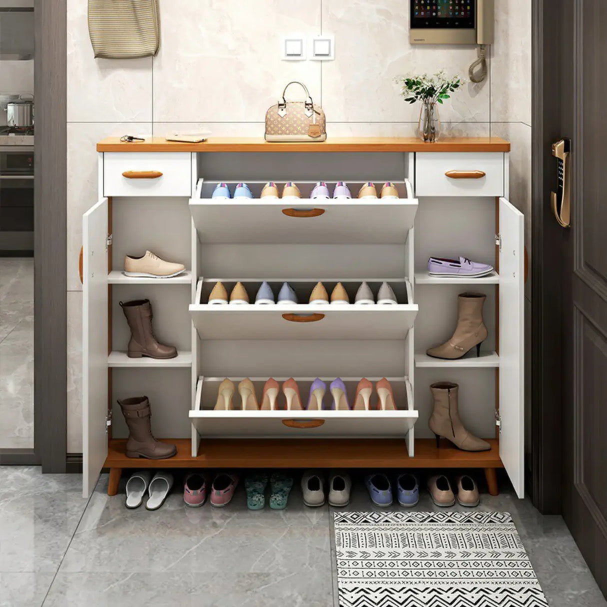 Adjustable Shelves Wood White Drop Front Shoe Storage Image - 6