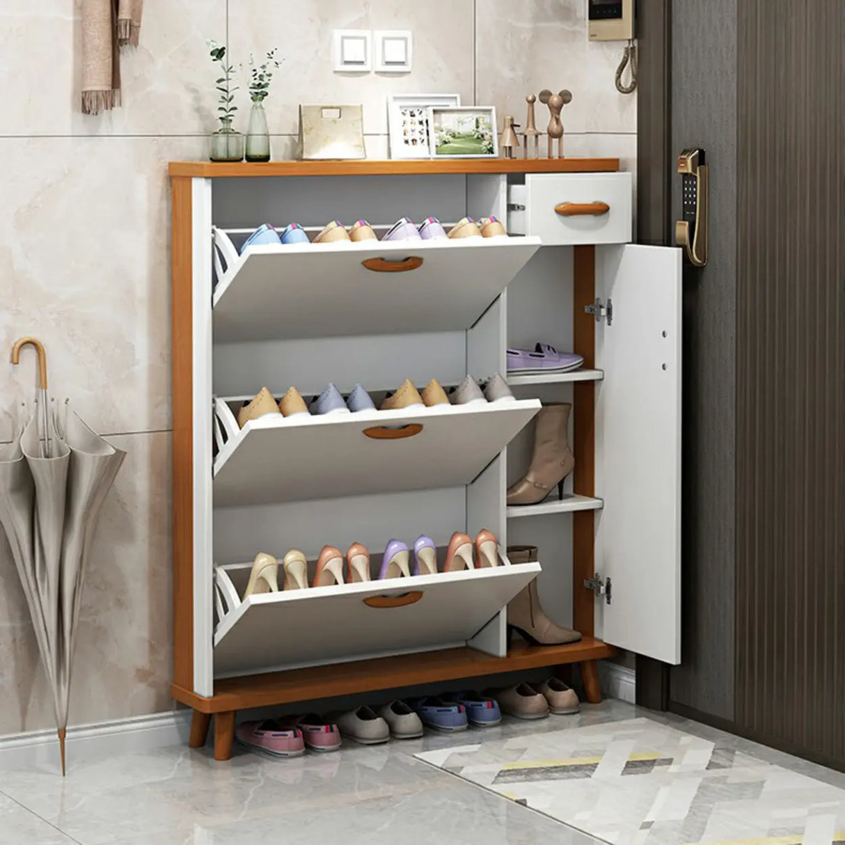 Adjustable Shelves Wood White Drop Front Shoe Storage Image - 7