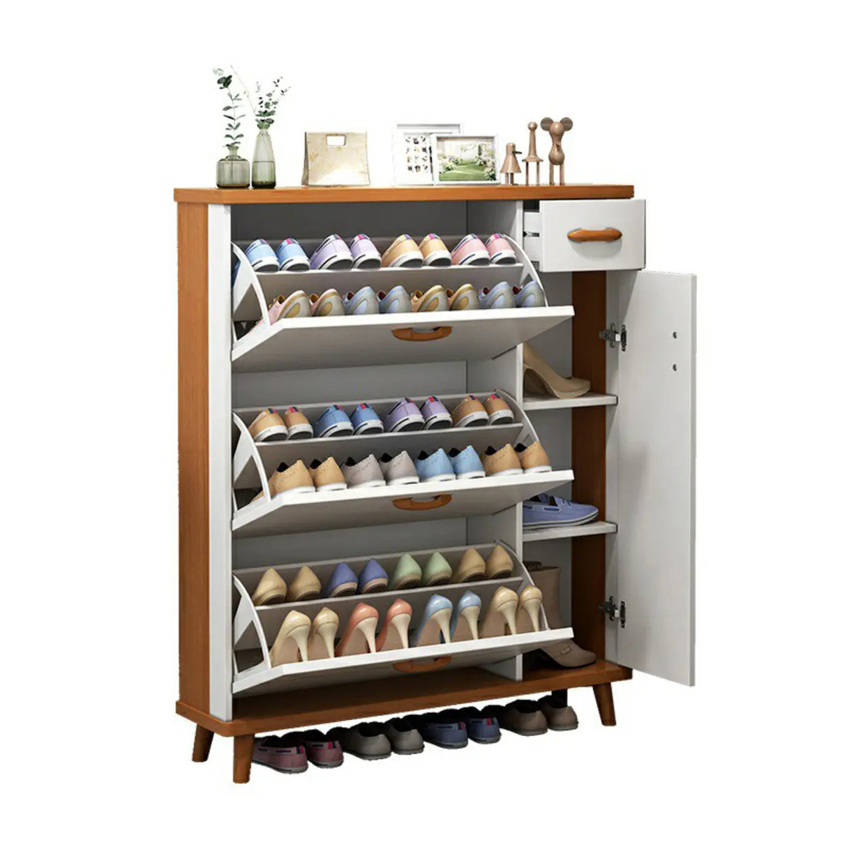 Adjustable Shelves Wood White Drop Front Shoe Storage Image - 9