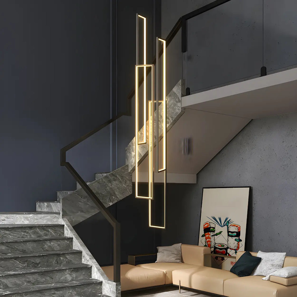 Adjustable Staircase Rectangle LED Pendant Light Image - 2