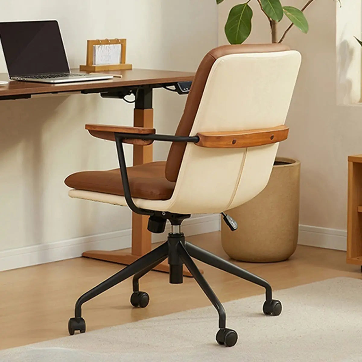 Adjustable Swivel Brown Leather Office Chair with Wheels Image - 1
