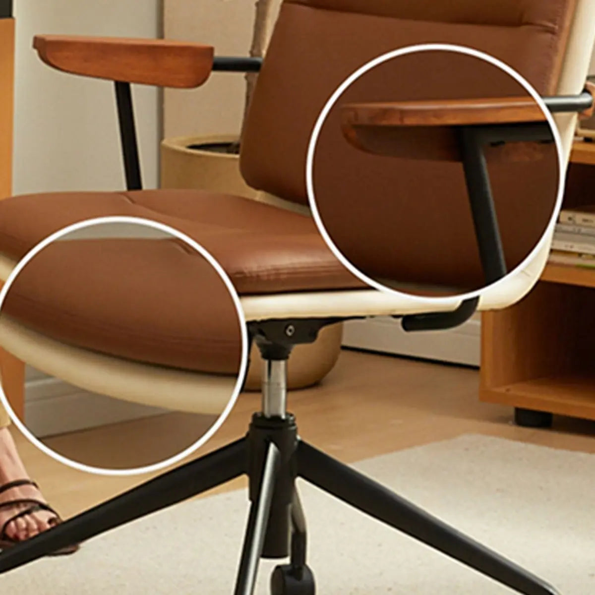 Adjustable Swivel Brown Leather Office Chair with Wheels Image - 5