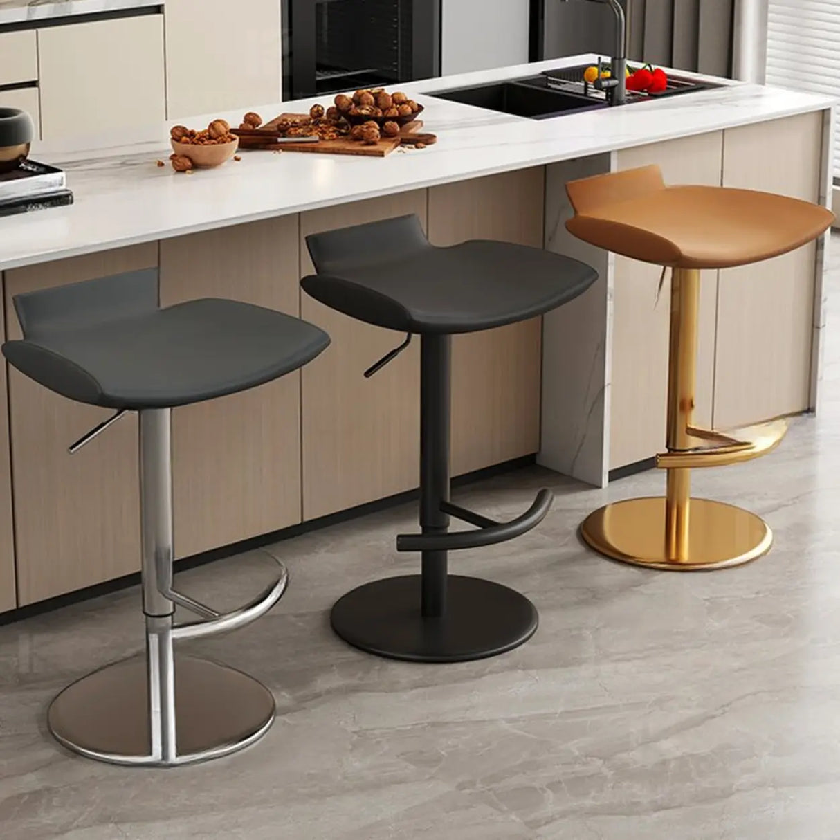 Adjustable Swivel Bucket Leather Metal Frame Bar Stool Image - 3