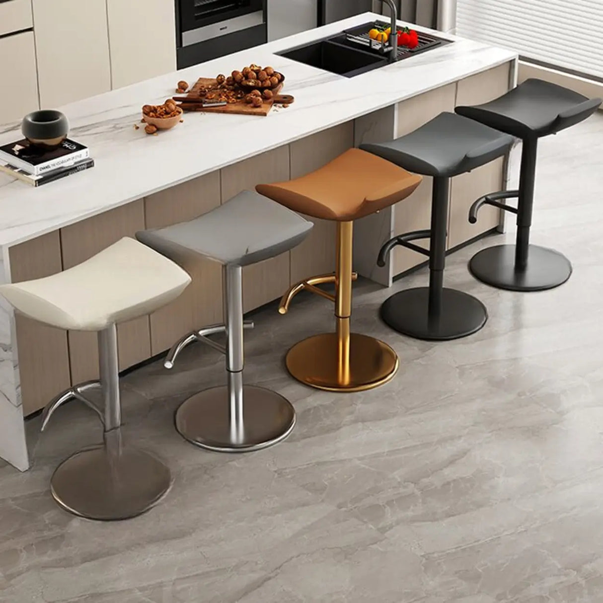 Adjustable Swivel Bucket Leather Metal Frame Bar Stool Image - 5