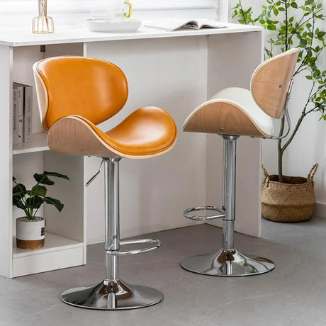 Adjustable Swivel Modern Leather Bar Stool with Curved Backrest Image - 1