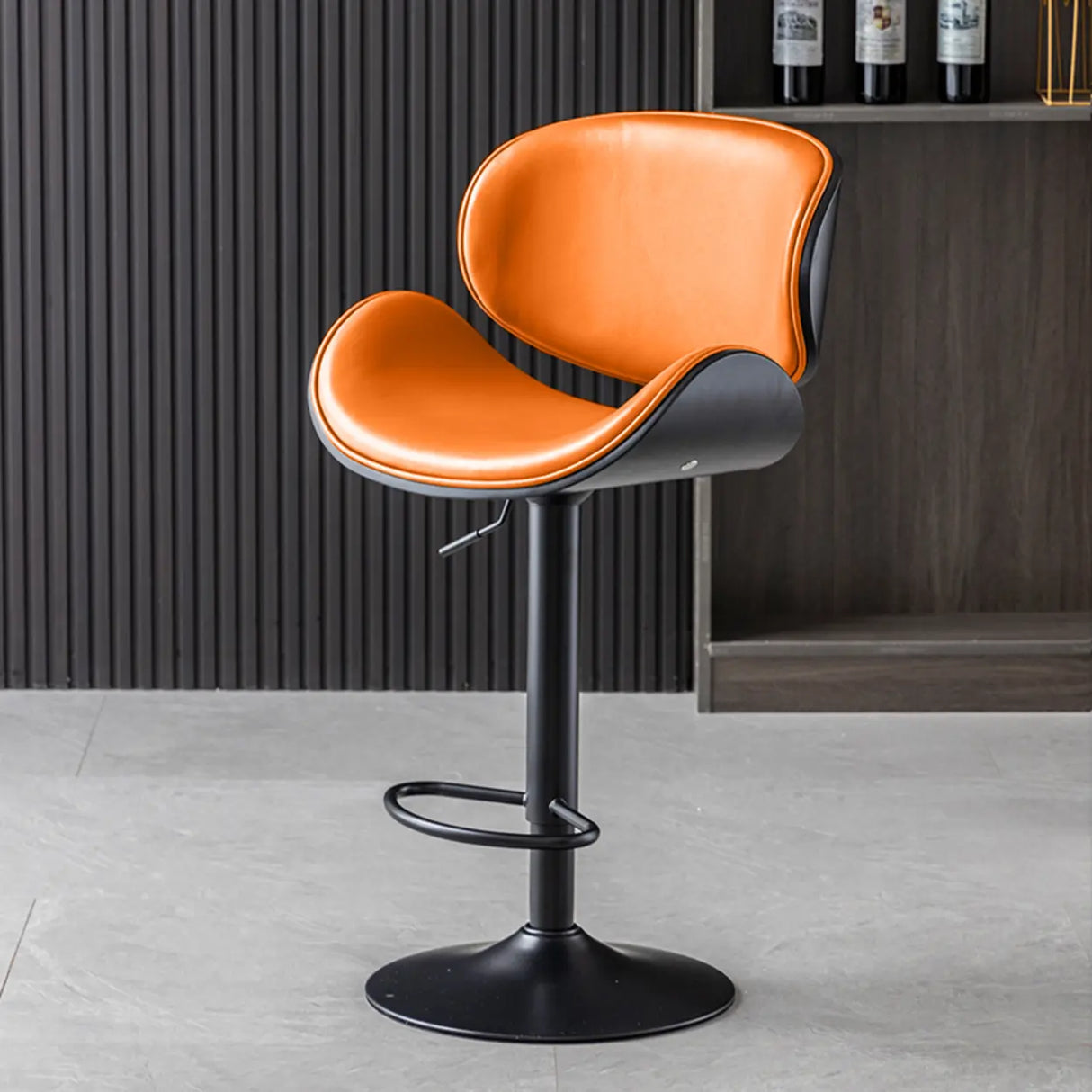 Adjustable Swivel Modern Leather Bar Stool with Curved Backrest Image - 3