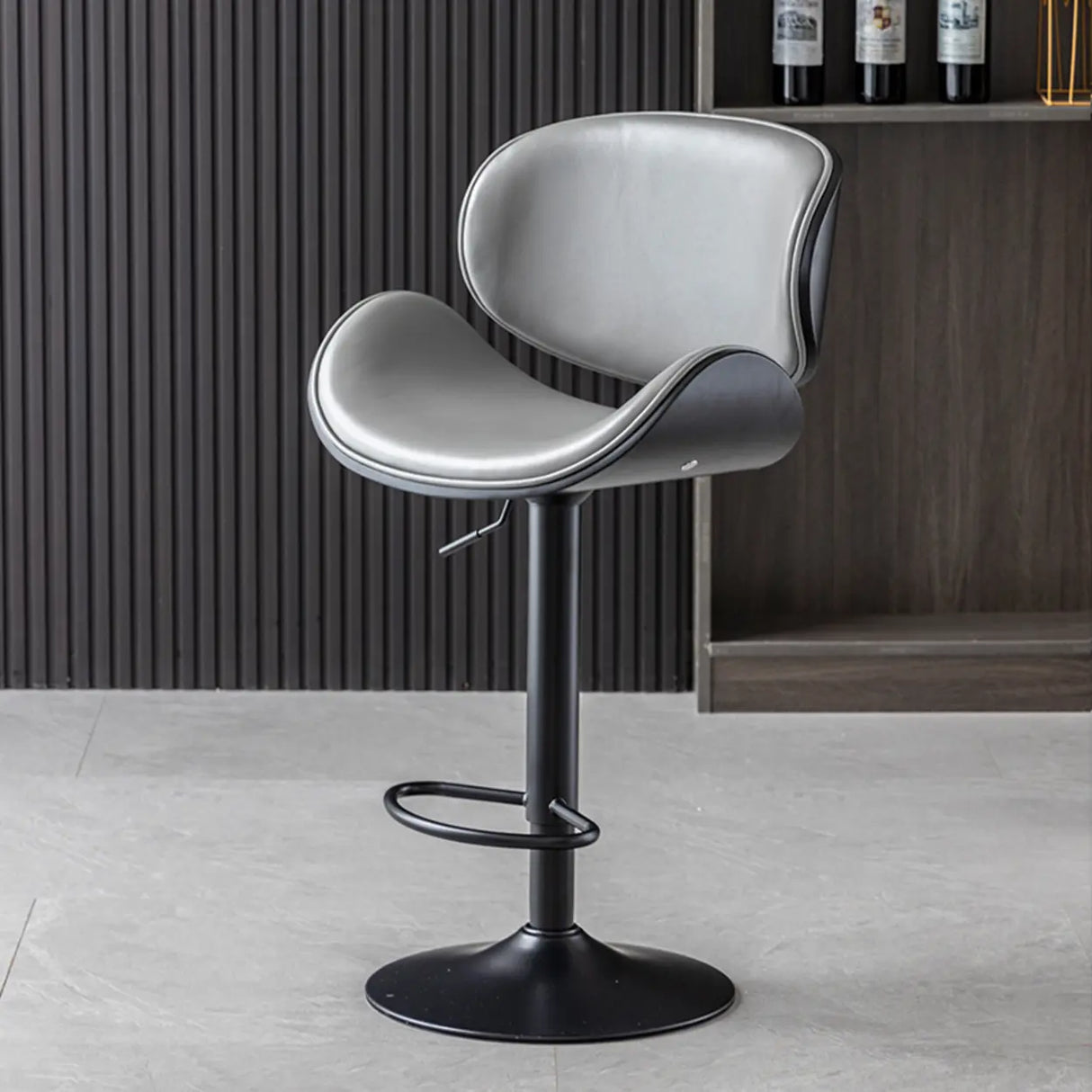 Adjustable Swivel Modern Leather Bar Stool with Curved Backrest Image - 9