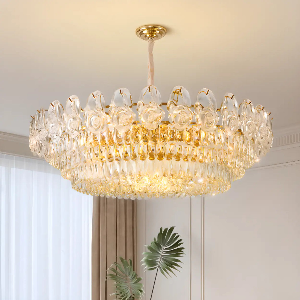 Adjustable Tiered Gold Crystal Rose Chandelier Image - 6