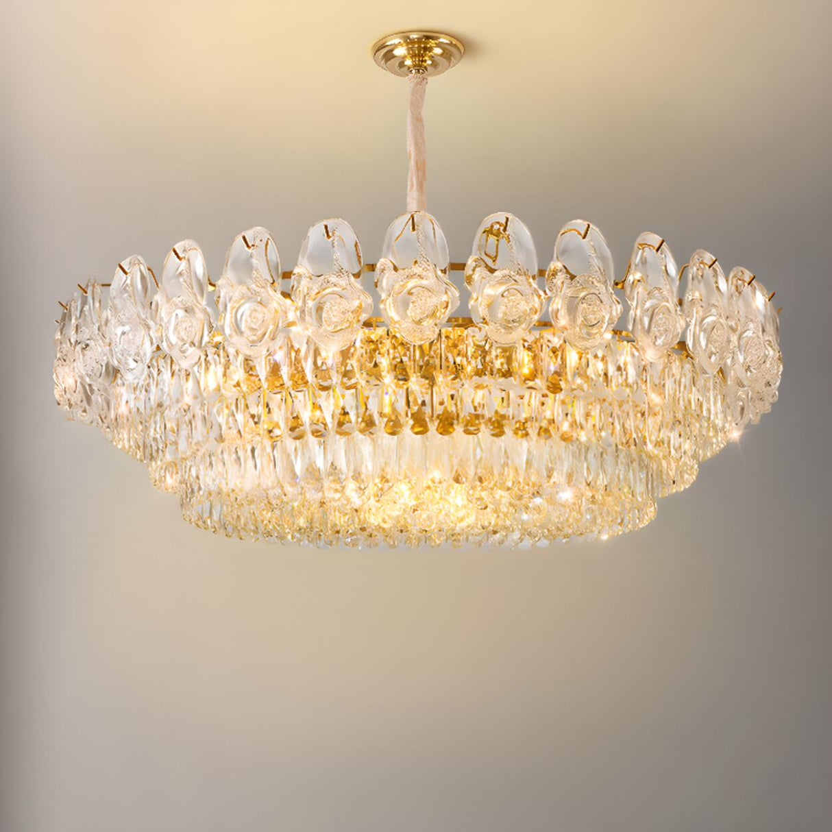Adjustable Tiered Gold Crystal Rose Chandelier Image - 7