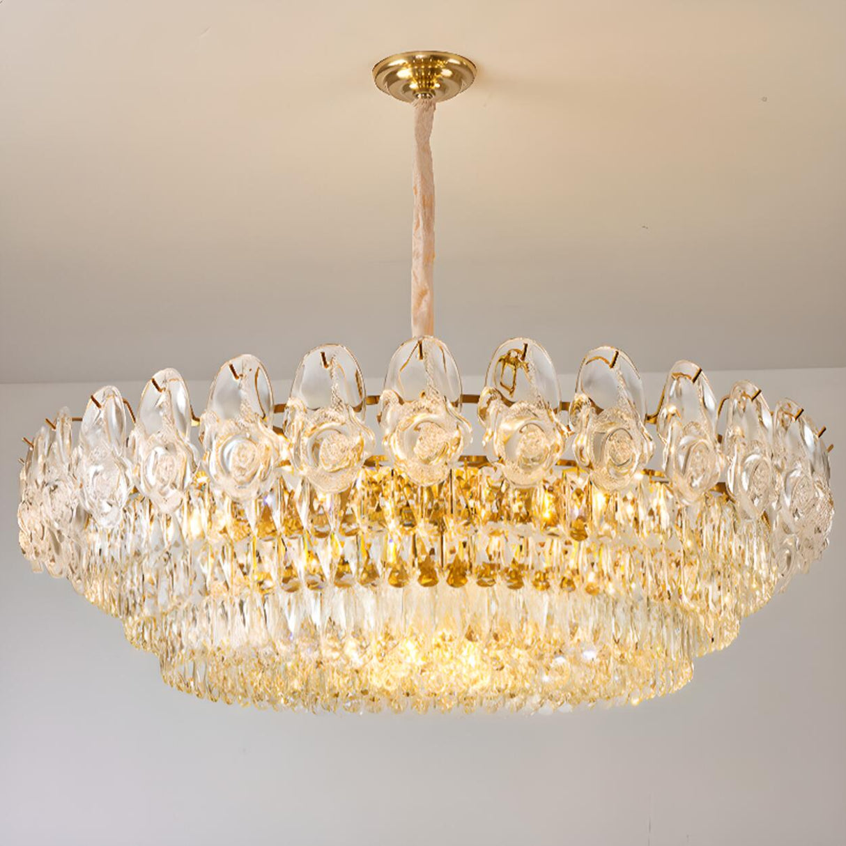 Adjustable Tiered Gold Crystal Rose Chandelier Image - 9