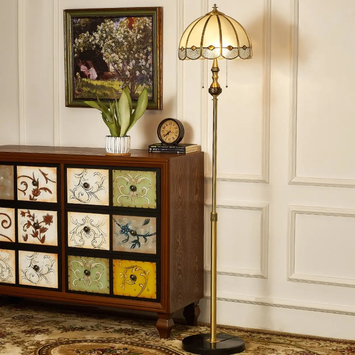 Adjustable Vintage Brass Stained Glass Dome Floor Lamp Image - 1